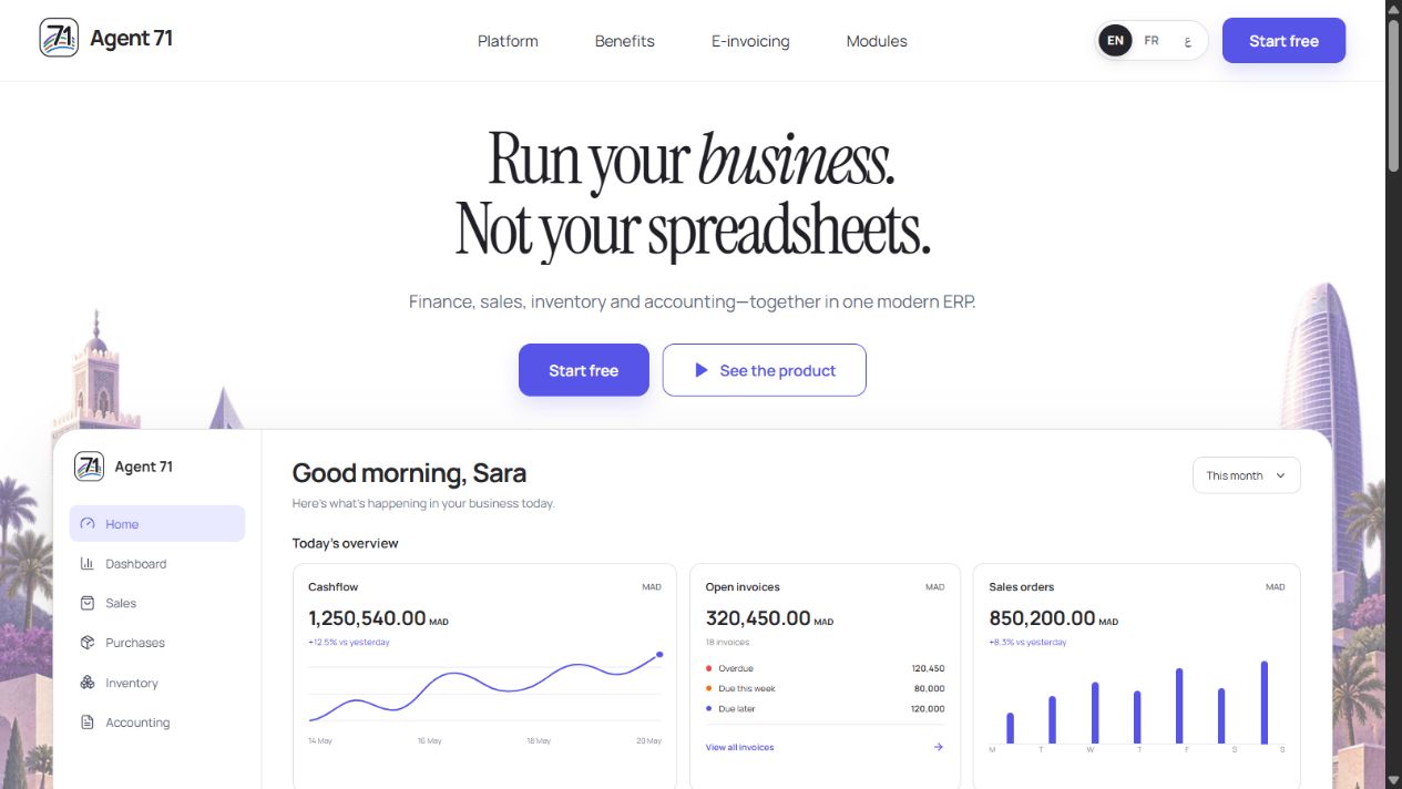 Agent71 — The live Agent71 website, with its illustrative product dashboard.