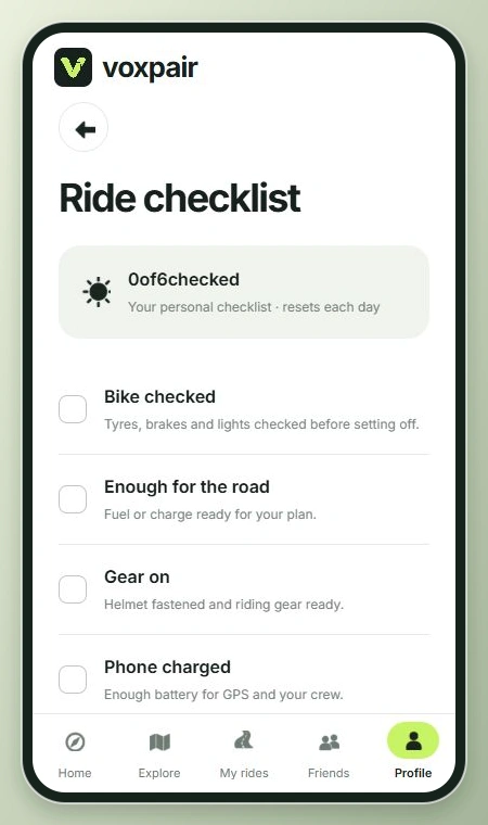Actual VoxPair daily ride checklist with unchecked bike, fuel, gear and phone preparation items