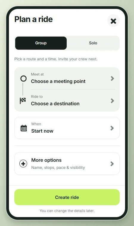Actual VoxPair group ride planner showing meeting point, destination, departure time and more options